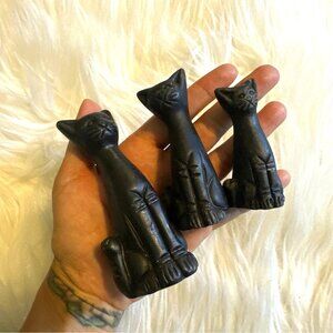 Vintage Black Clay Set of 3 Ceramic Cats Sitting Art Pottery Cat Lady Decor